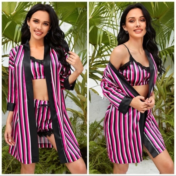 New Pink Stripe Satin Silk-Like Kimono Robe​ - Picture 2 of 3